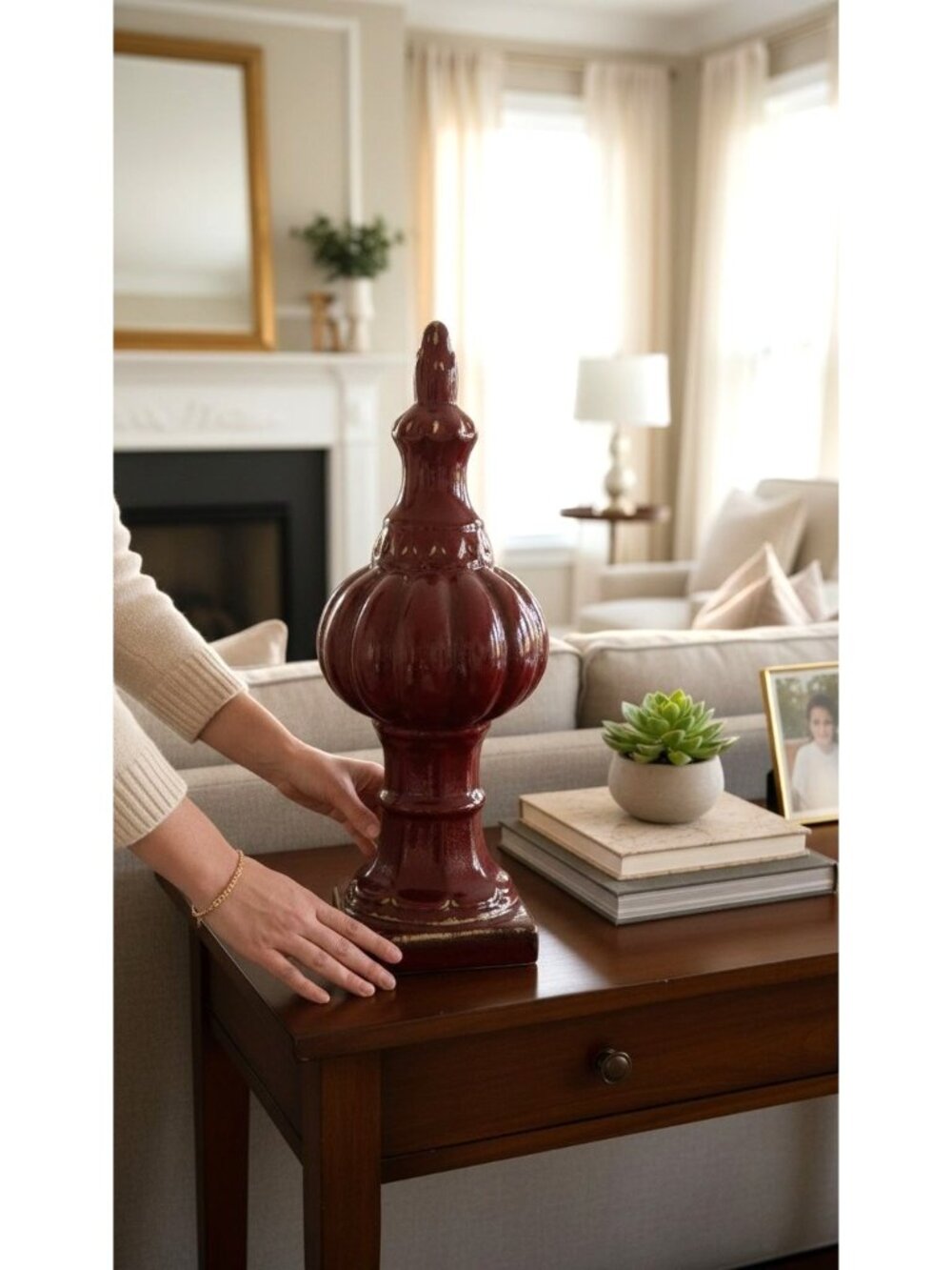 Decorative Large Red Finial With Distressed Finish